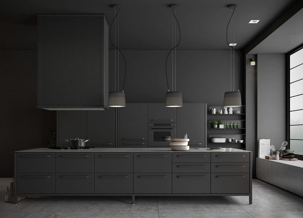 Cucina con cappa dal design futiristico