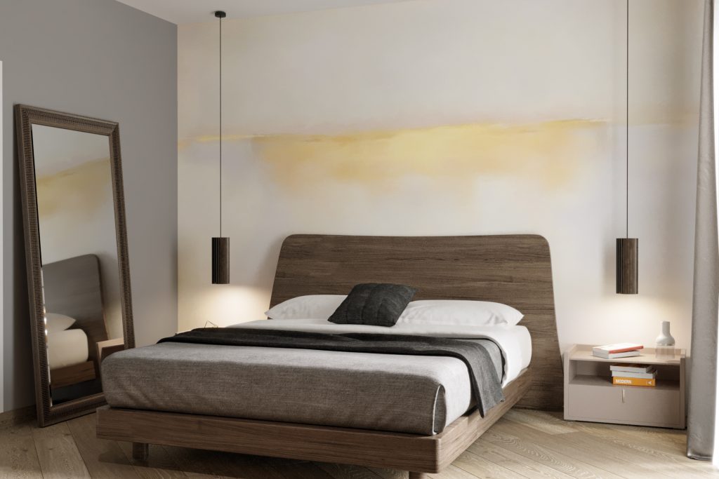 camera da letto in stile contemporaneo con Carta da parati light 