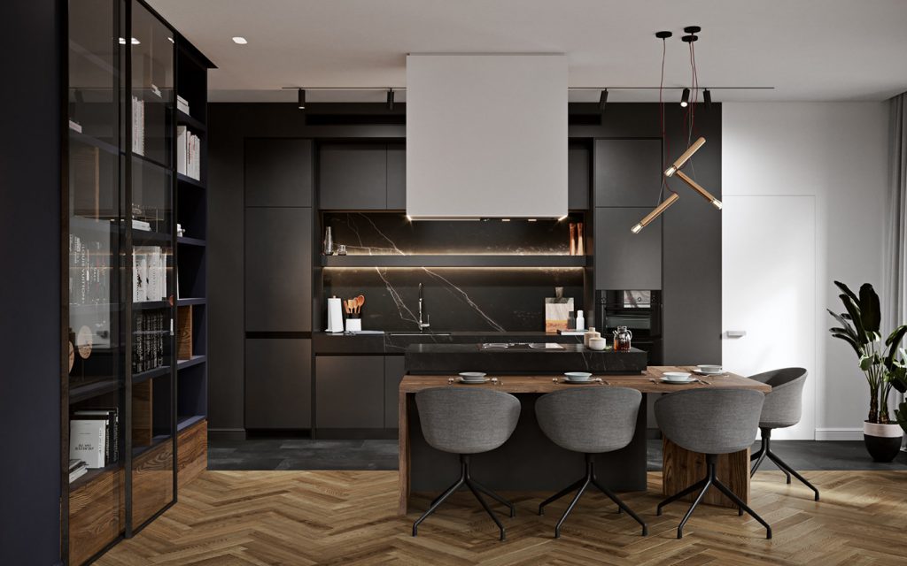 cucina classica contemporanea con parquet spigato