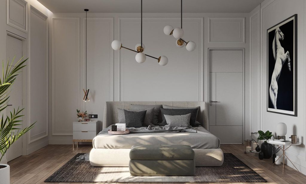 Camera da letto in stile classico contemporaneo monocromatico