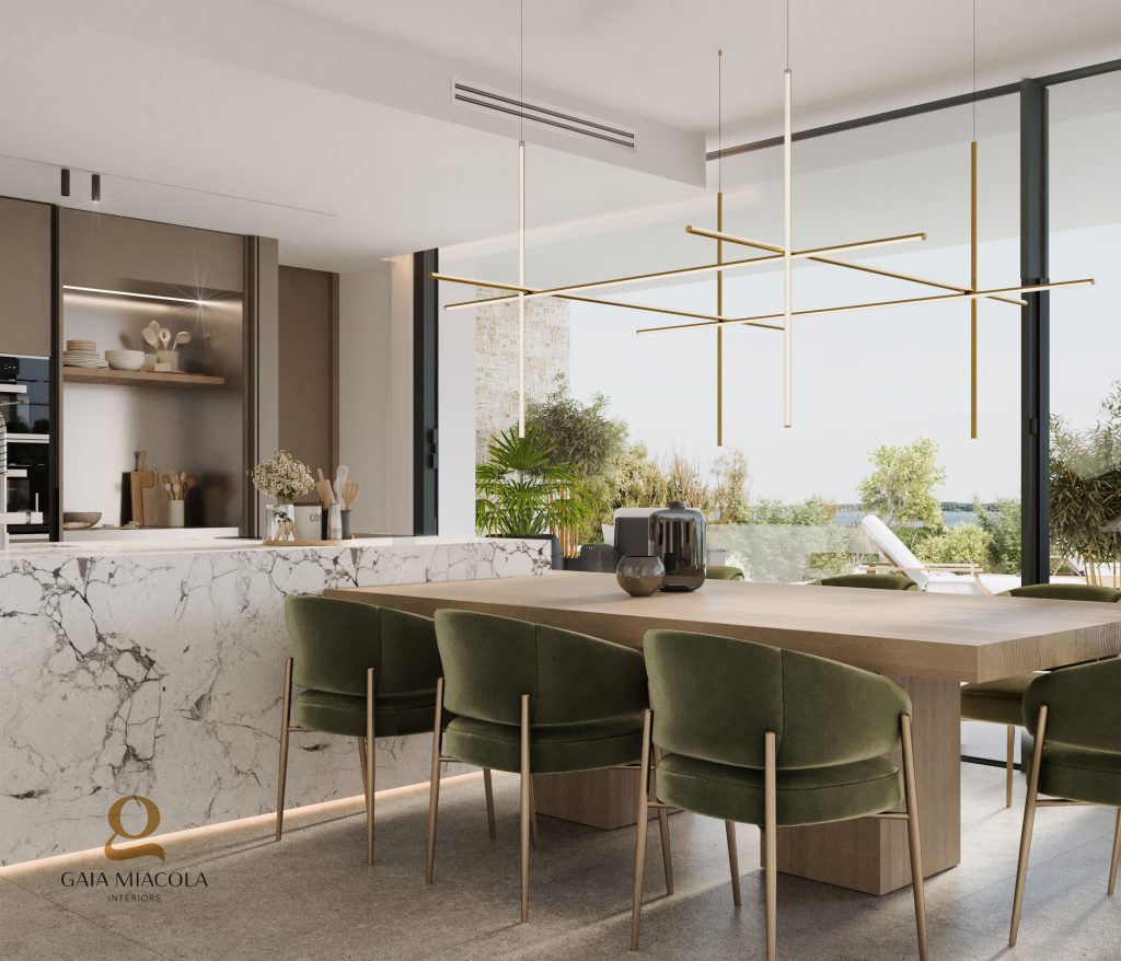 Cucina classica contemporanea con l’innovativo sistema Scorrevole Panoramico in alluminio di Schüco
