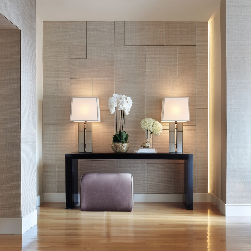 Vorresti rimodernare casa poco alla volta? Ingresso moderno e accogliente con consolle di design, specchio decorativo e dettagli in legno.