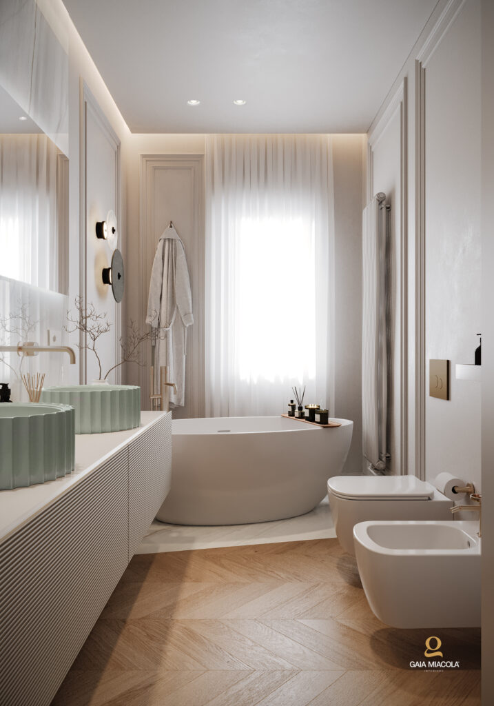 Progetto di bagno moderno con doccia a filo pavimento e rivestimenti in gres. Realizzazione di Gaia Miacola Architetto + Design.